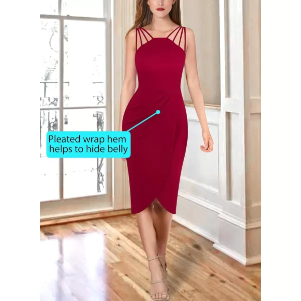 VFSHOW Womens Sexy Spaghetti Strap Ruched Cocktail Party Bodycon 2023 Wedding Guest Backless Slim Split Tulip Hem Wrap DressRed