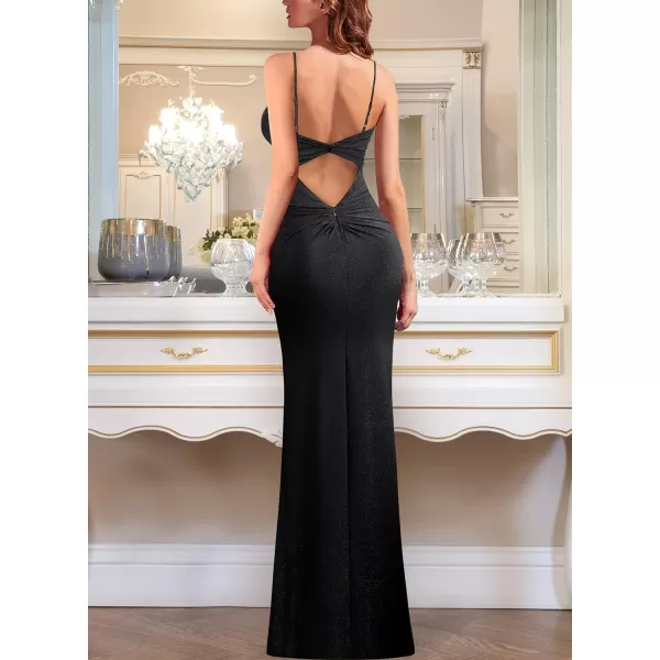 VFSHOW Womens Sexy Spaghetti Strap Ruched Twist V Neck Backless Split Formal Evening Maxi DressSparkly Black