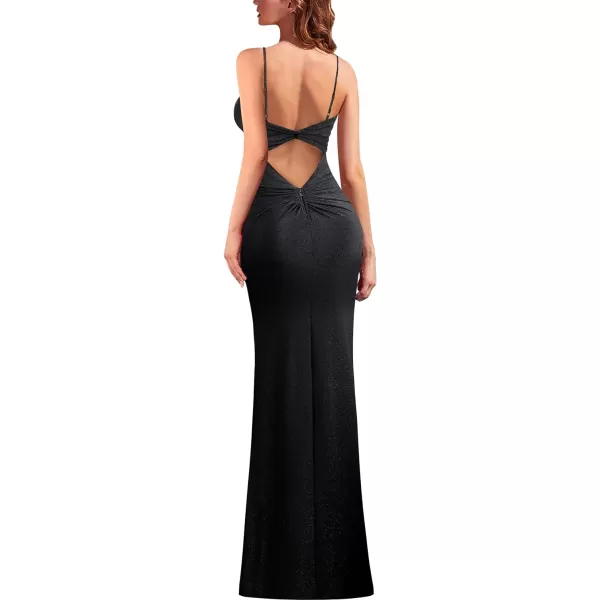 VFSHOW Womens Sexy Spaghetti Strap Ruched Twist V Neck Backless Split Formal Evening Maxi DressSparkly Black