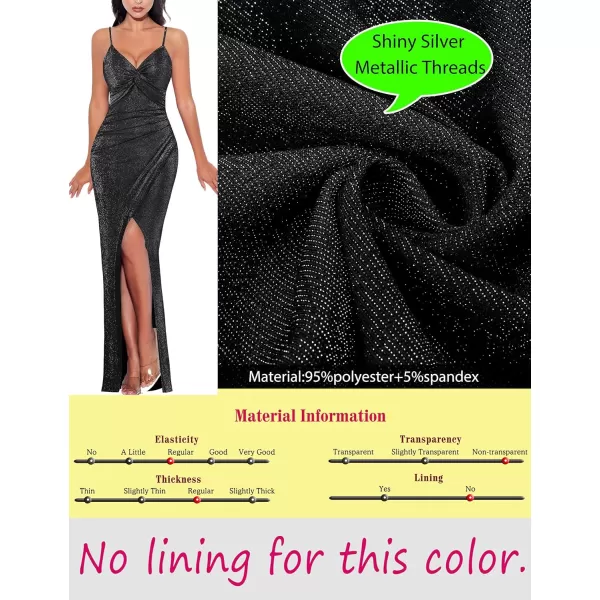 VFSHOW Womens Sexy Spaghetti Strap Ruched Twist V Neck Backless Split Formal Evening Maxi DressSparkly Black2