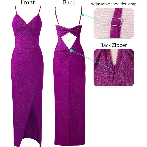 VFSHOW Womens Sexy Spaghetti Strap Ruched Twist V Neck Backless Split Formal Evening Maxi DressSparkly Fuchsia