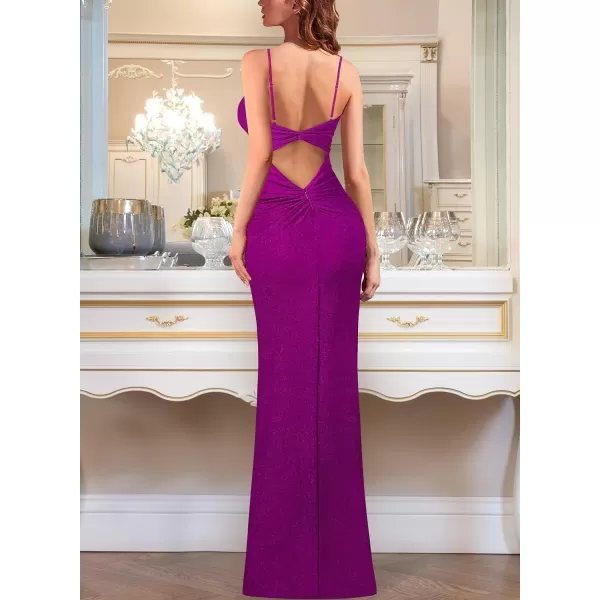 VFSHOW Womens Sexy Spaghetti Strap Ruched Twist V Neck Backless Split Formal Evening Maxi DressSparkly Fuchsia