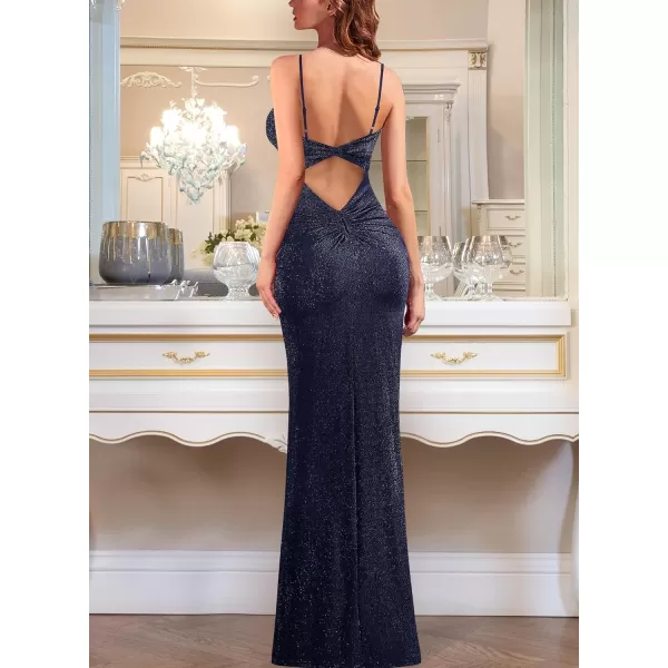 VFSHOW Womens Sexy Spaghetti Strap Ruched Twist V Neck Backless Split Formal Evening Maxi DressSparkly Navy Blue