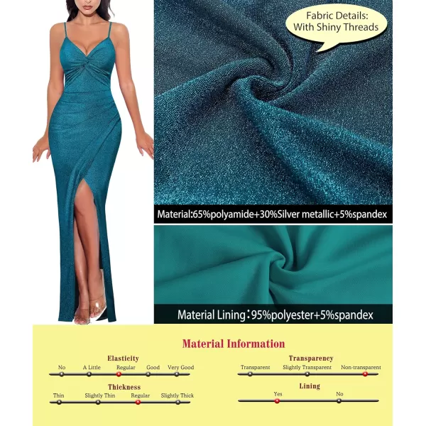 VFSHOW Womens Sexy Spaghetti Strap Ruched Twist V Neck Backless Split Formal Evening Maxi DressSparkly Peacock Blue