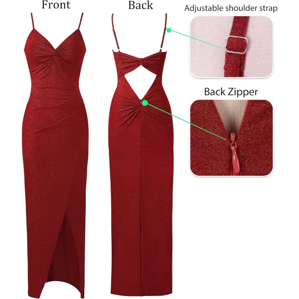 VFSHOW Womens Sexy Spaghetti Strap Ruched Twist V Neck Backless Split Formal Evening Maxi DressSparkly Red