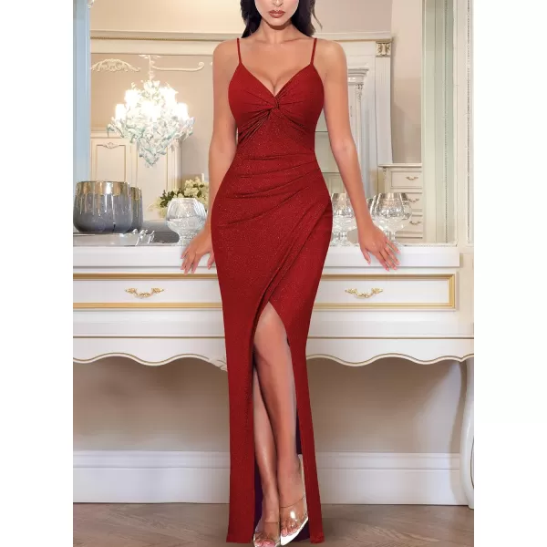 VFSHOW Womens Sexy Spaghetti Strap Ruched Twist V Neck Backless Split Formal Evening Maxi DressSparkly Red