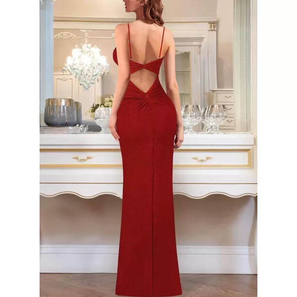 VFSHOW Womens Sexy Spaghetti Strap Ruched Twist V Neck Backless Split Formal Evening Maxi DressSparkly Red