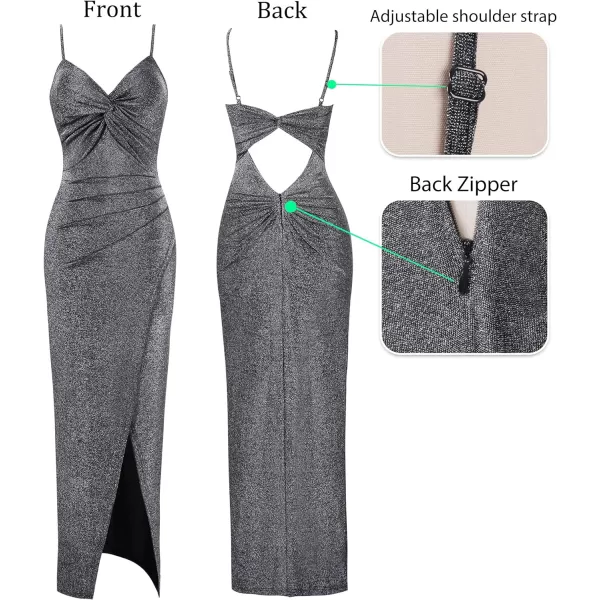 VFSHOW Womens Sexy Spaghetti Strap Ruched Twist V Neck Backless Split Formal Evening Maxi DressSparkly Silver Dark Grey