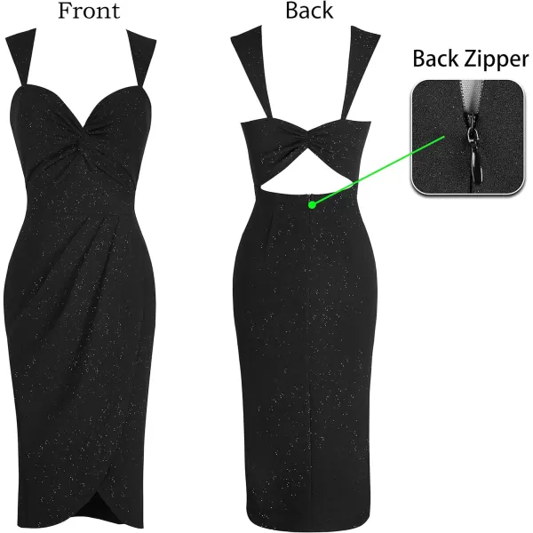 VFSHOW Womens Sexy Strap V Neck Ruched Backless Cocktail Bodycon Midi Dress Twist Front Wrap Slit Party Night Out DressSparkly Black