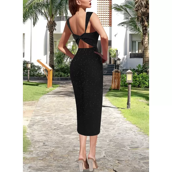 VFSHOW Womens Sexy Strap V Neck Ruched Backless Cocktail Bodycon Midi Dress Twist Front Wrap Slit Party Night Out DressSparkly Black