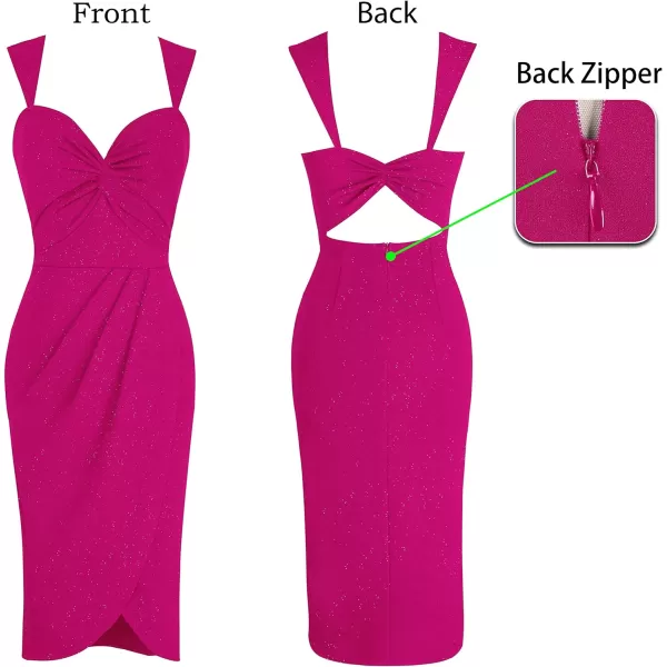 VFSHOW Womens Sexy Strap V Neck Ruched Backless Cocktail Bodycon Midi Dress Twist Front Wrap Slit Party Night Out DressSparkly Hot Pink