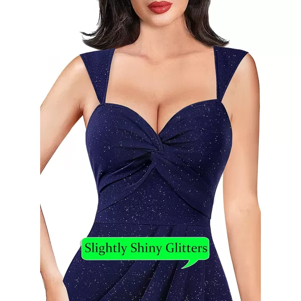 VFSHOW Womens Sexy Strap V Neck Ruched Backless Cocktail Bodycon Midi Dress Twist Front Wrap Slit Party Night Out DressSparkly Navy Blue