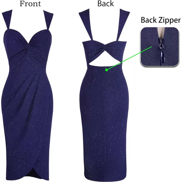 VFSHOW Womens Sexy Strap V Neck Ruched Backless Cocktail Bodycon Midi Dress Twist Front Wrap Slit Party Night Out DressSparkly Navy Blue