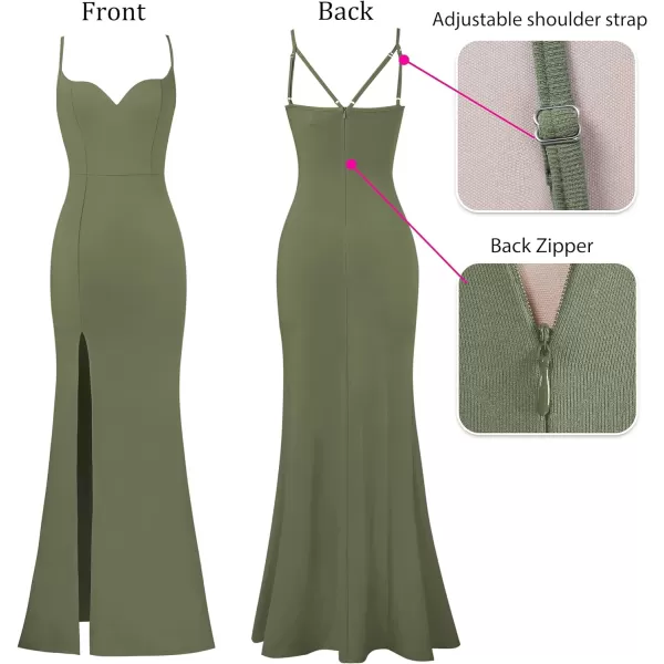 VFSHOW Womens Sexy Summer Bodycon Fitted Club Party Casual Slip Long Cami Maxi Dress Spaghetti Strap High Slit Plain DressArmy Green