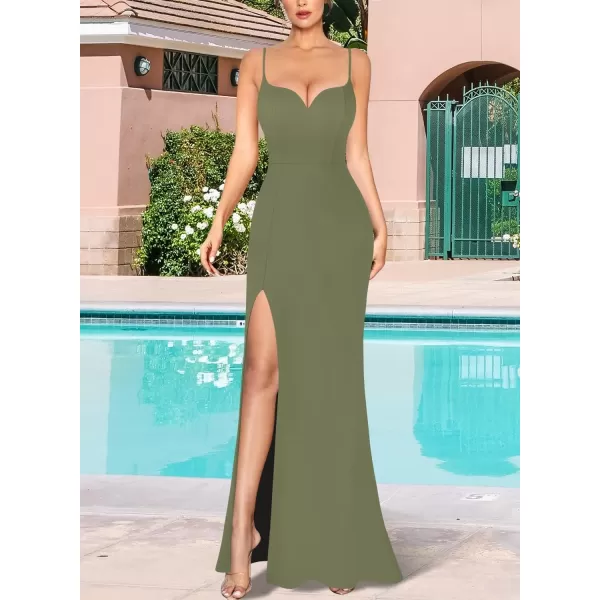 VFSHOW Womens Sexy Summer Bodycon Fitted Club Party Casual Slip Long Cami Maxi Dress Spaghetti Strap High Slit Plain DressArmy Green