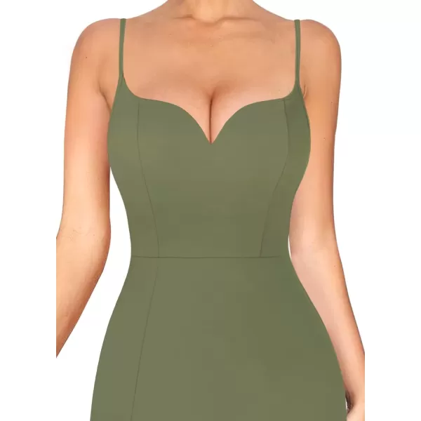 VFSHOW Womens Sexy Summer Bodycon Fitted Club Party Casual Slip Long Cami Maxi Dress Spaghetti Strap High Slit Plain DressArmy Green