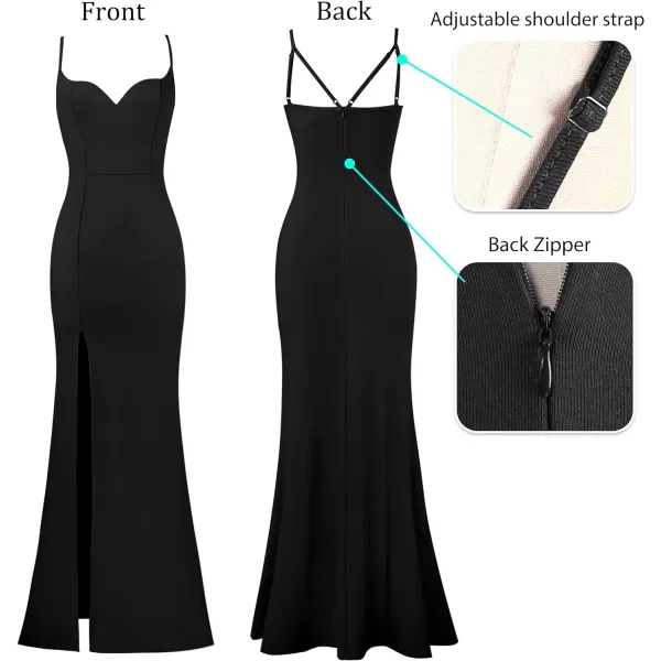 VFSHOW Womens Sexy Summer Bodycon Fitted Club Party Casual Slip Long Cami Maxi Dress Spaghetti Strap High Slit Plain DressBlack