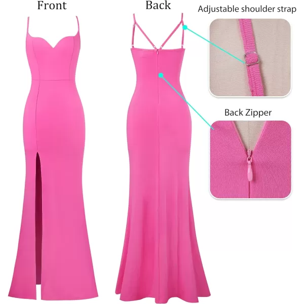 VFSHOW Womens Sexy Summer Bodycon Fitted Club Party Casual Slip Long Cami Maxi Dress Spaghetti Strap High Slit Plain DressBright Pink