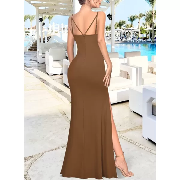 VFSHOW Womens Sexy Summer Bodycon Fitted Club Party Casual Slip Long Cami Maxi Dress Spaghetti Strap High Slit Plain DressBrown