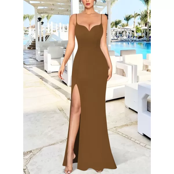 VFSHOW Womens Sexy Summer Bodycon Fitted Club Party Casual Slip Long Cami Maxi Dress Spaghetti Strap High Slit Plain DressBrown