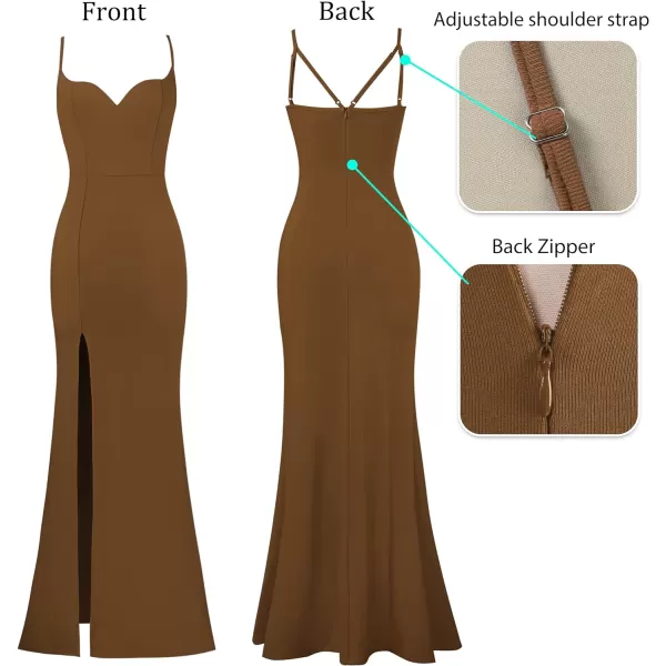 VFSHOW Womens Sexy Summer Bodycon Fitted Club Party Casual Slip Long Cami Maxi Dress Spaghetti Strap High Slit Plain DressBrown