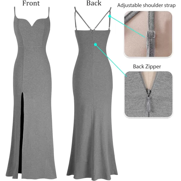 VFSHOW Womens Sexy Summer Bodycon Fitted Club Party Casual Slip Long Cami Maxi Dress Spaghetti Strap High Slit Plain DressGrey