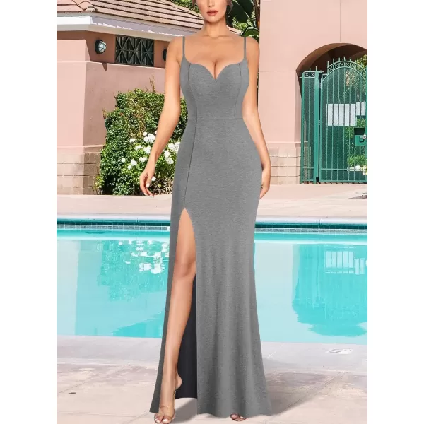 VFSHOW Womens Sexy Summer Bodycon Fitted Club Party Casual Slip Long Cami Maxi Dress Spaghetti Strap High Slit Plain DressGrey