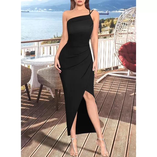 VFSHOW Womens Sexy Summer Ruched Club Party Fitted One Shoulder Bodycon Dress Casual Beach Slit Vacation Plain DressBlack