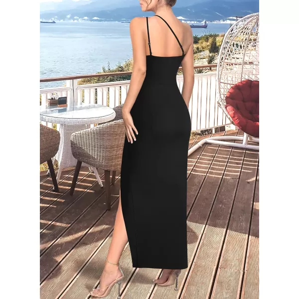 VFSHOW Womens Sexy Summer Ruched Club Party Fitted One Shoulder Bodycon Dress Casual Beach Slit Vacation Plain DressBlack