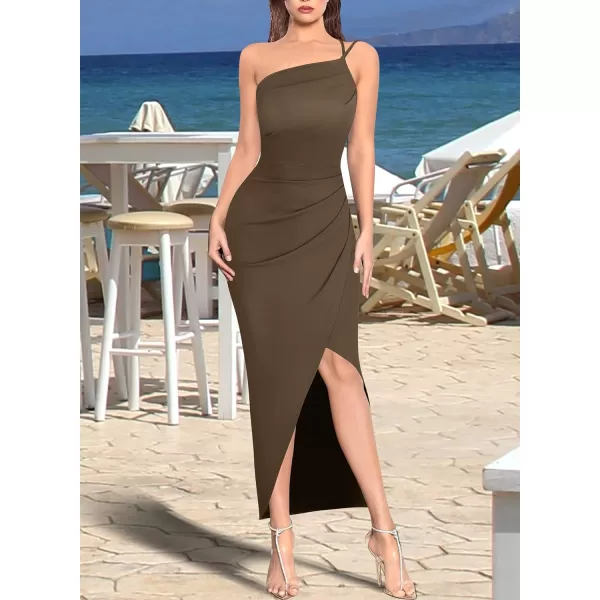 VFSHOW Womens Sexy Summer Ruched Club Party Fitted One Shoulder Bodycon Dress Casual Beach Slit Vacation Plain DressBrown