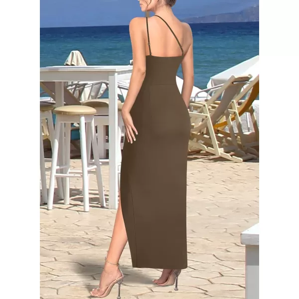 VFSHOW Womens Sexy Summer Ruched Club Party Fitted One Shoulder Bodycon Dress Casual Beach Slit Vacation Plain DressBrown