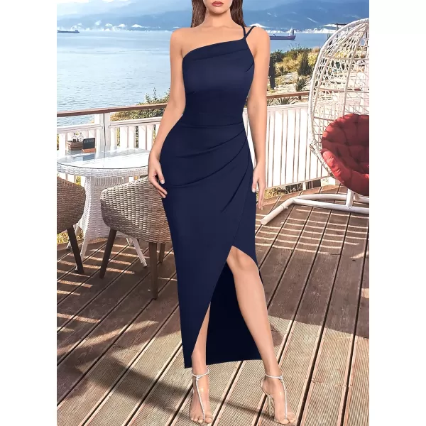 VFSHOW Womens Sexy Summer Ruched Club Party Fitted One Shoulder Bodycon Dress Casual Beach Slit Vacation Plain DressDark Blue