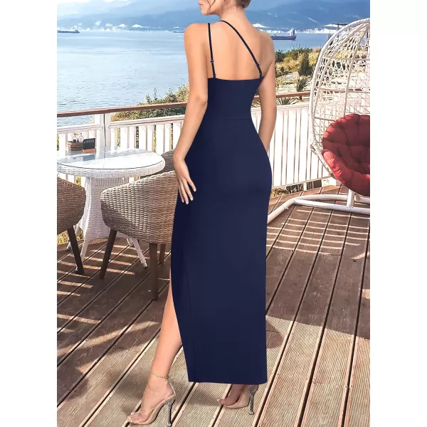 VFSHOW Womens Sexy Summer Ruched Club Party Fitted One Shoulder Bodycon Dress Casual Beach Slit Vacation Plain DressDark Blue