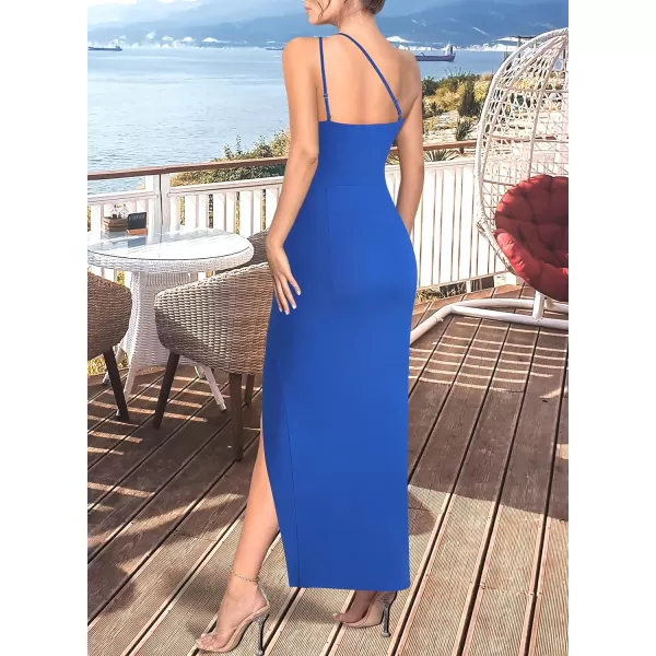 VFSHOW Womens Sexy Summer Ruched Club Party Fitted One Shoulder Bodycon Dress Casual Beach Slit Vacation Plain DressRoyal Blue