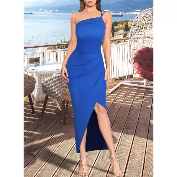 VFSHOW Womens Sexy Summer Ruched Club Party Fitted One Shoulder Bodycon Dress Casual Beach Slit Vacation Plain DressRoyal Blue