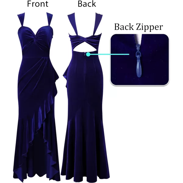 VFSHOW Womens Sexy Sweetheart Neckline Backless Ruched Prom Formal Maxi Dress Twist Front Ruffle Split 2023 Evening Long GownDark Blue Velvet