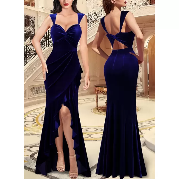 VFSHOW Womens Sexy Sweetheart Neckline Backless Ruched Prom Formal Maxi Dress Twist Front Ruffle Split 2023 Evening Long GownDark Blue Velvet