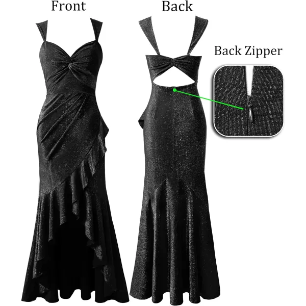 VFSHOW Womens Sexy Sweetheart Neckline Backless Ruched Prom Formal Maxi Dress Twist Front Ruffle Split 2023 Evening Long GownSparkly Black2