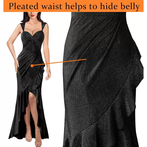 VFSHOW Womens Sexy Sweetheart Neckline Backless Ruched Prom Formal Maxi Dress Twist Front Ruffle Split 2023 Evening Long GownSparkly Black2