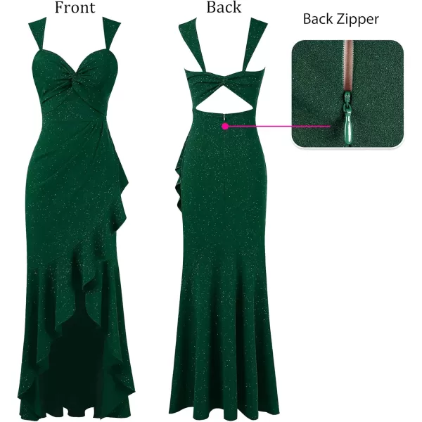 VFSHOW Womens Sexy Sweetheart Neckline Backless Ruched Prom Formal Maxi Dress Twist Front Ruffle Split 2023 Evening Long GownSparkly Dark Green