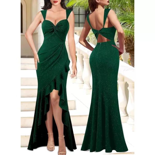 VFSHOW Womens Sexy Sweetheart Neckline Backless Ruched Prom Formal Maxi Dress Twist Front Ruffle Split 2023 Evening Long GownSparkly Dark Green