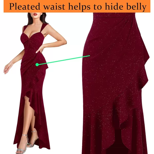 VFSHOW Womens Sexy Sweetheart Neckline Backless Ruched Prom Formal Maxi Dress Twist Front Ruffle Split 2023 Evening Long GownSparkly Dark Red