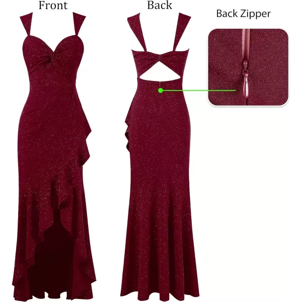 VFSHOW Womens Sexy Sweetheart Neckline Backless Ruched Prom Formal Maxi Dress Twist Front Ruffle Split 2023 Evening Long GownSparkly Dark Red