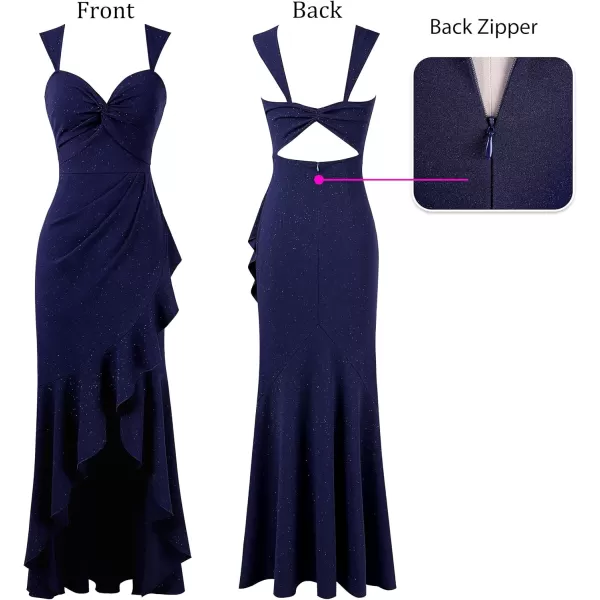 VFSHOW Womens Sexy Sweetheart Neckline Backless Ruched Prom Formal Maxi Dress Twist Front Ruffle Split 2023 Evening Long GownSparkly Navy Blue