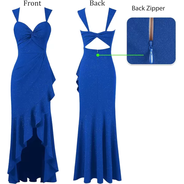 VFSHOW Womens Sexy Sweetheart Neckline Backless Ruched Prom Formal Maxi Dress Twist Front Ruffle Split 2023 Evening Long GownSparkly Royal Blue