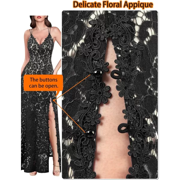 VFSHOW Womens Sexy V Neck Floral Lace Formal Prom High Slit Maxi Dress 2023 Spaghetti Strap Wedding Guest Evening Long GownBlack