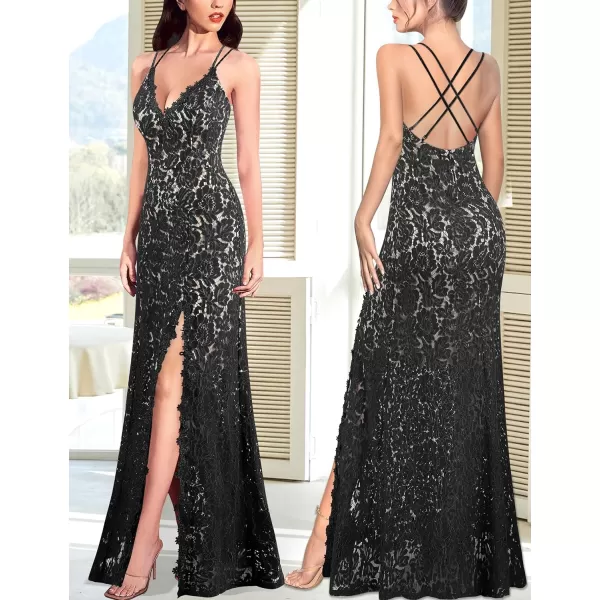 VFSHOW Womens Sexy V Neck Floral Lace Formal Prom High Slit Maxi Dress 2023 Spaghetti Strap Wedding Guest Evening Long GownBlack