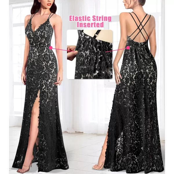 VFSHOW Womens Sexy V Neck Floral Lace Formal Prom High Slit Maxi Dress 2023 Spaghetti Strap Wedding Guest Evening Long GownBlack Lace