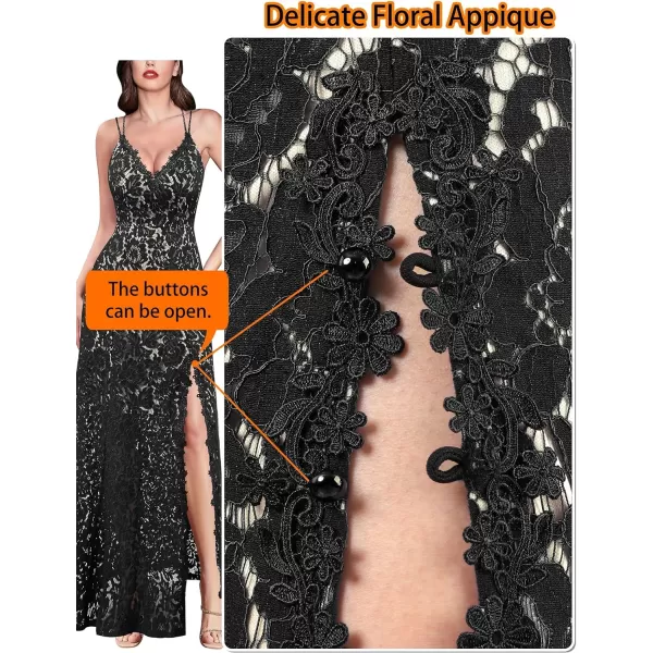 VFSHOW Womens Sexy V Neck Floral Lace Formal Prom High Slit Maxi Dress 2023 Spaghetti Strap Wedding Guest Evening Long GownBlack Lace