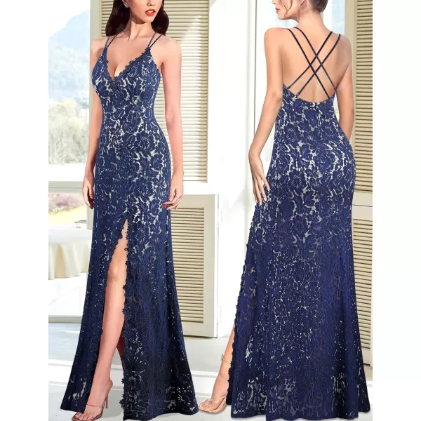 VFSHOW Womens Sexy V Neck Floral Lace Formal Prom High Slit Maxi Dress 2023 Spaghetti Strap Wedding Guest Evening Long GownDark Blue